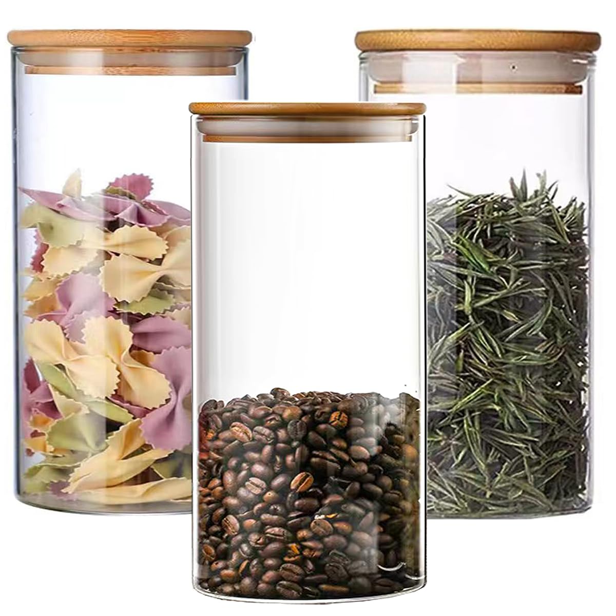 NAVACALA Round Glass Storage Jars with Lids 1300ML Set of 3 - High Borosilicate Glass Airtight Kitchen Food Canisters Cylinder Clear Preserving Seal Containers with Lid