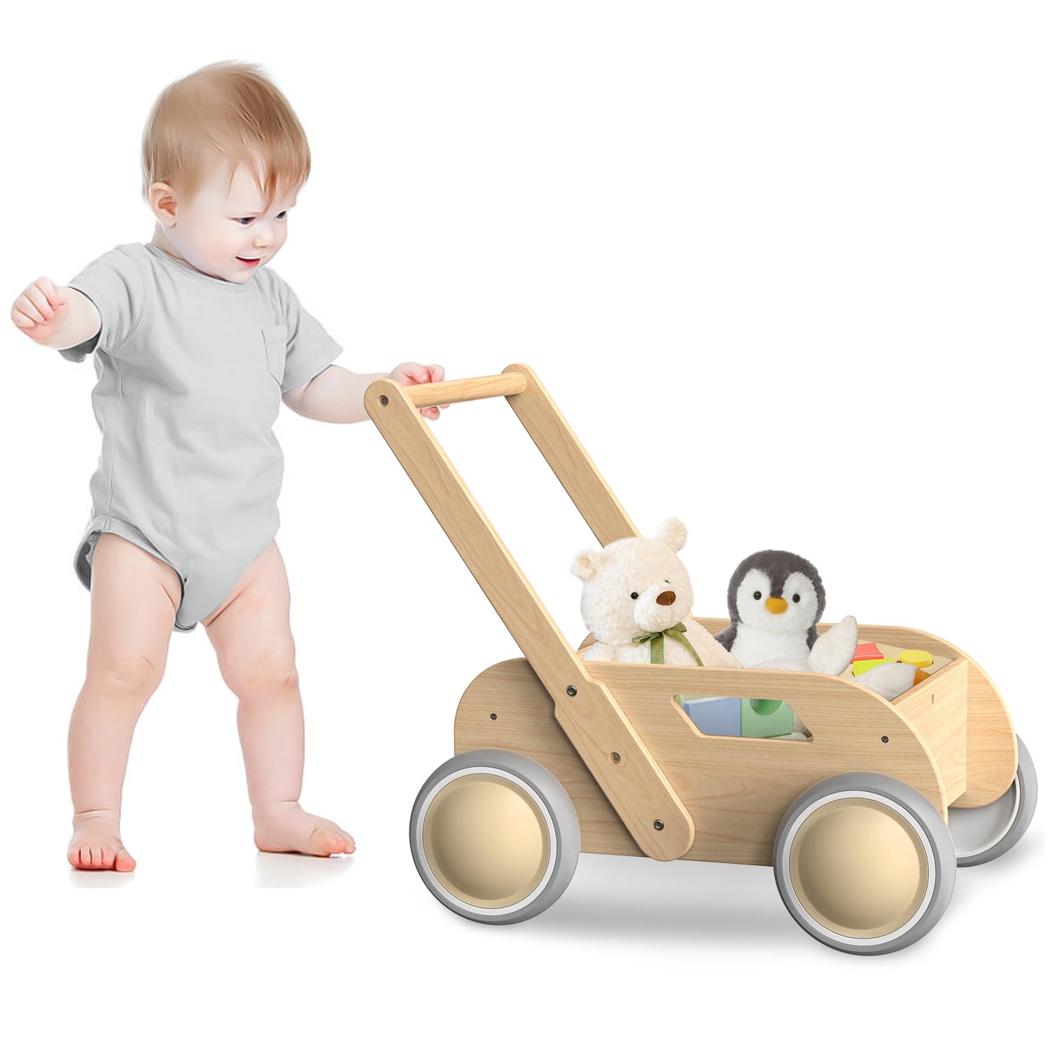 Andador de madera para bebés, juguetes de aprendizaje para bebés y niños pequeños, andador con ruedas para niños y niñas, regalo para cumpleaños, Navidad, natural