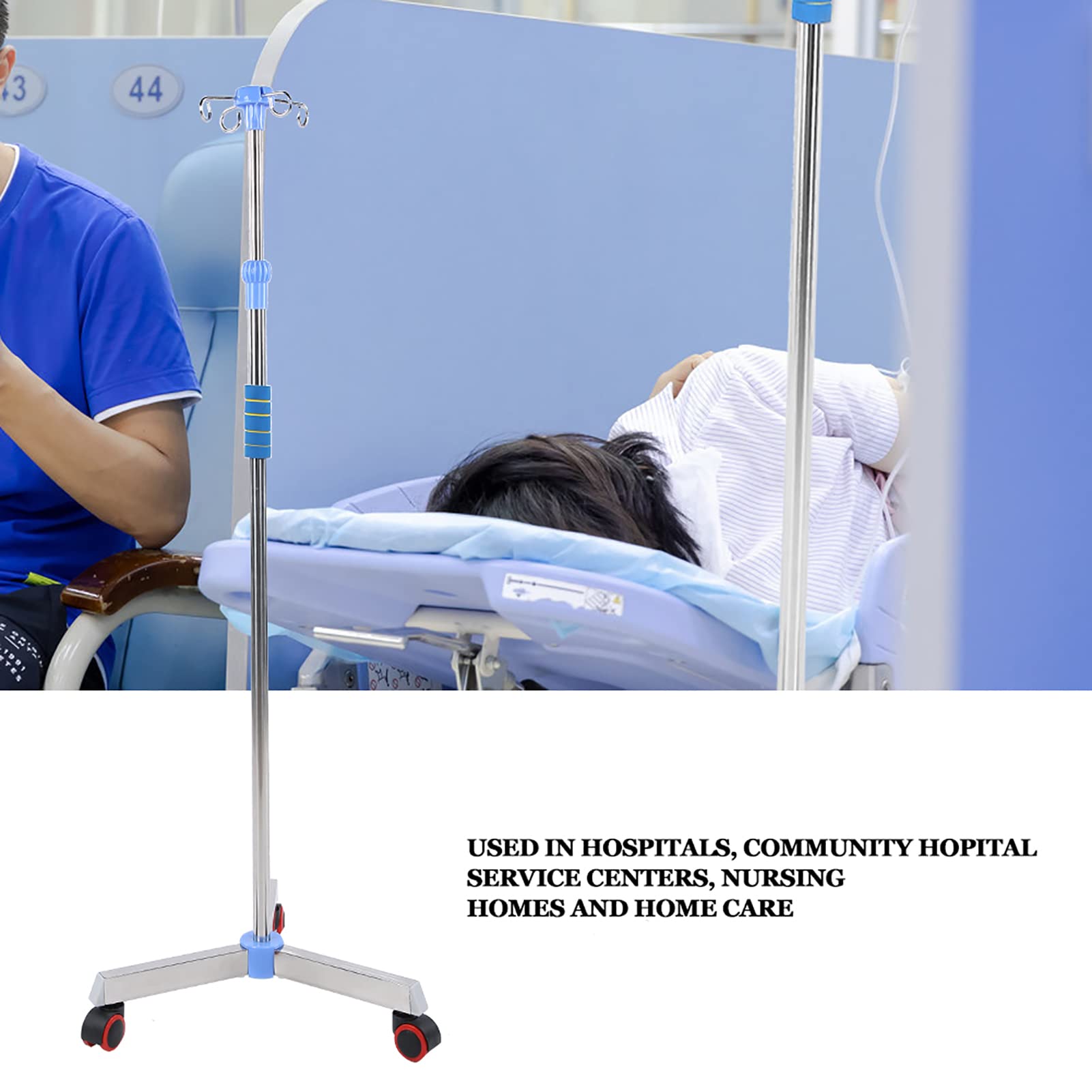 Perche IV avec Roues Poteaux de Support IV en Acier Inoxydable Porte-Sac IV pour Support de Perfusion Portable avec 4 Crochets Hauteur Réglable de 45,2" à 78,7" pour la Maison
