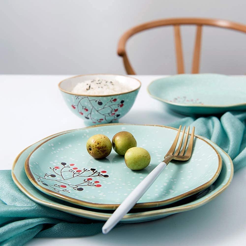 ERoomQ Pasta Bowls Creative Personality Ceramic Dish Dish Dish Dish Glaze Color Hand-Painted Plate Flat Steak dishware,