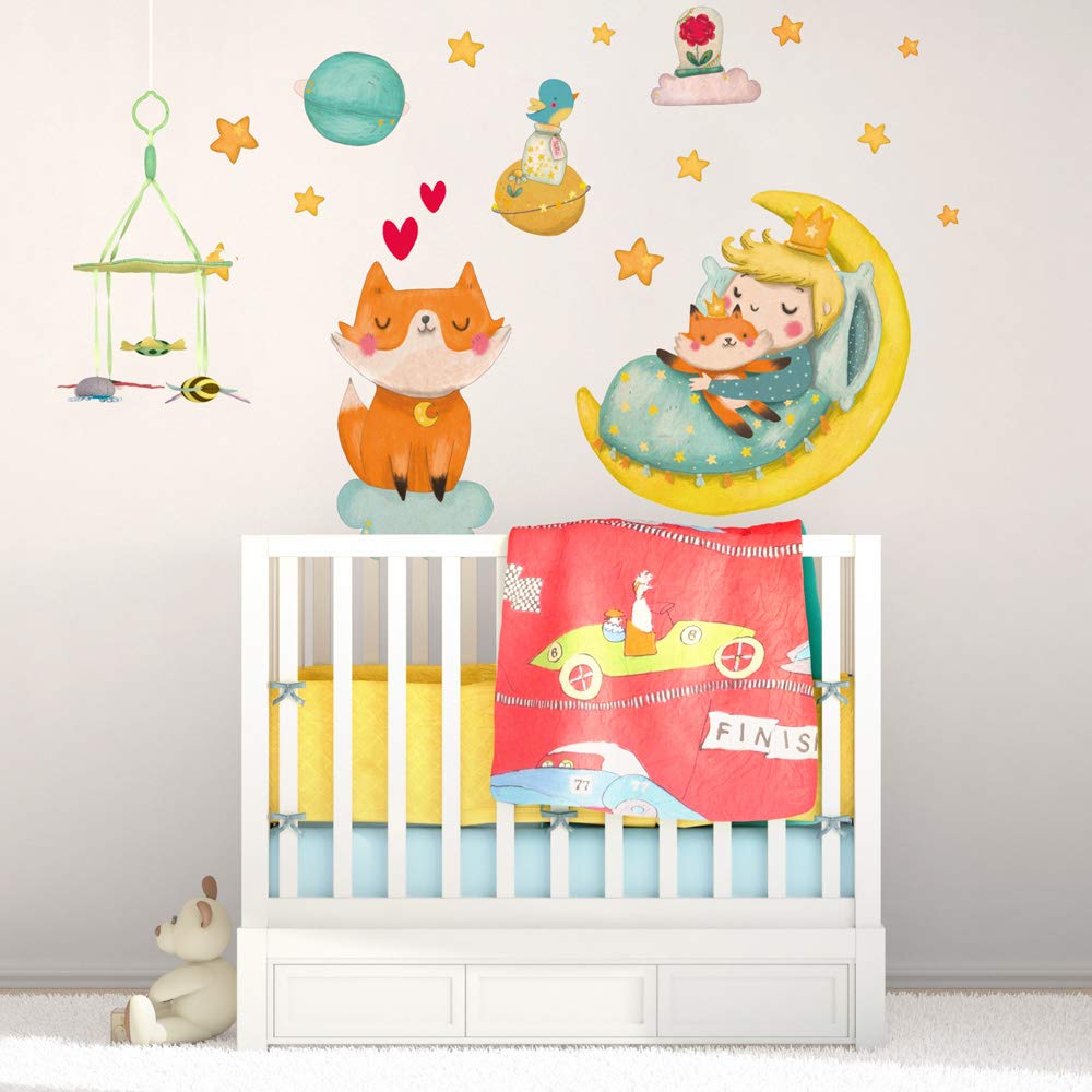 kina - Adesivo Murale Bambini Decorazione Parete Cameretta R00572 - Eco-Tessuto, Ecologico Anallergico, Riposizionabile, Effetto Carezza, Asilo Nido - Grafica Piccolo Principe e Misura 90x30 cm