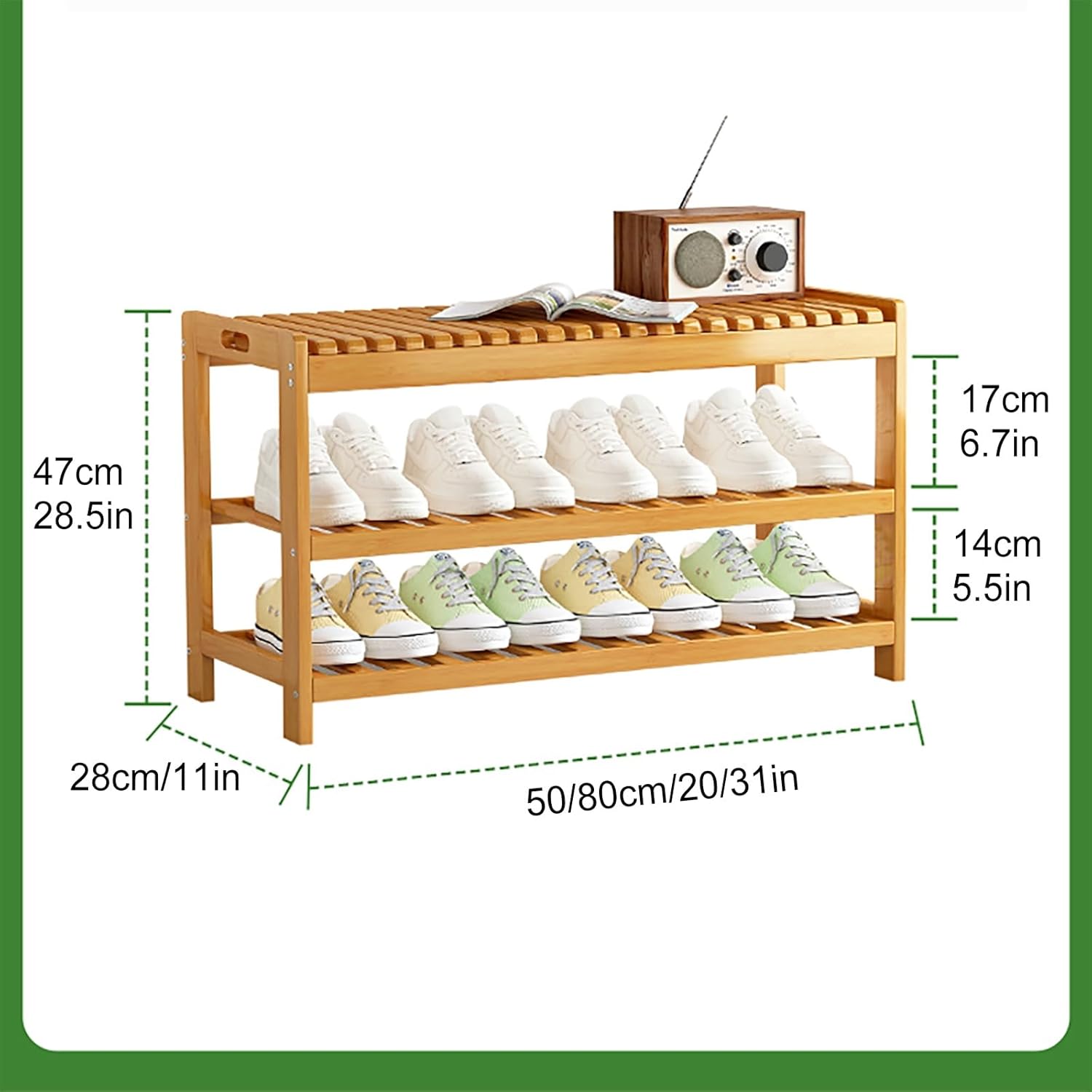Rustic 3-Tier Storage Bench Open Compartment Entryway Seat Ideal for Hallway Bathroom Living Room (White 50x28x47cm/20x11x28.5in)