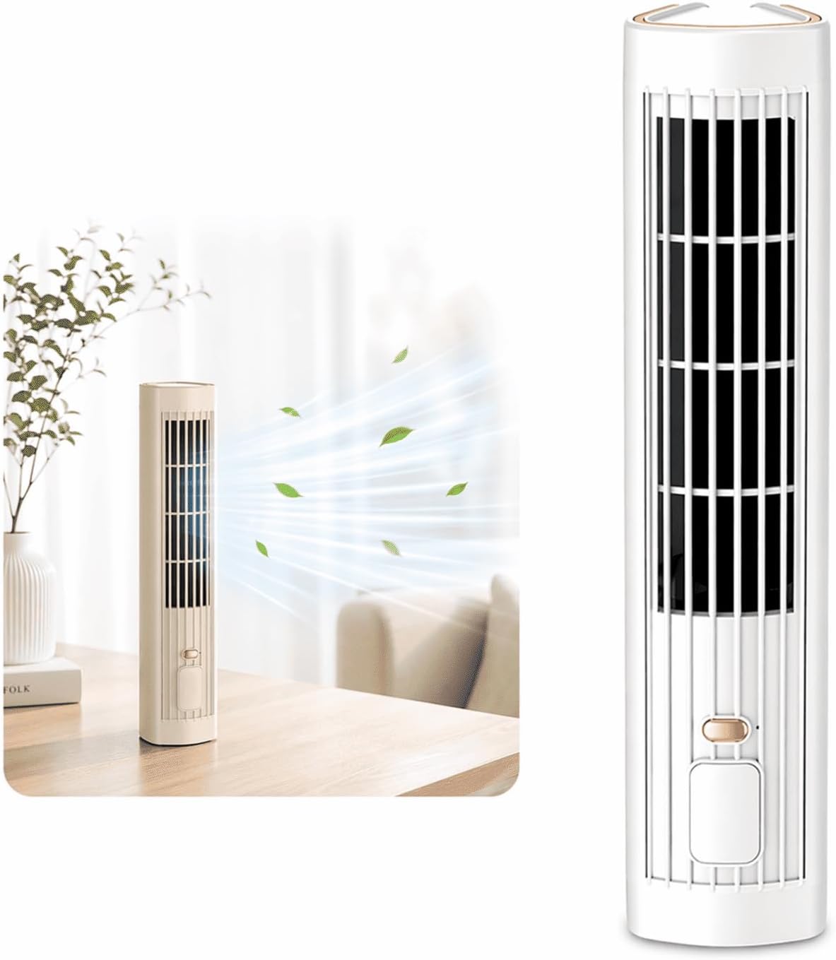 Portable Tower Fan, Quiet Bladeless Desk Fan with 3 Speeds, Rechargeable Mini Cooling Fan for Bedroom, Office & Travel, Vertical & Horizontal Personal Air Cooler (Khaki)