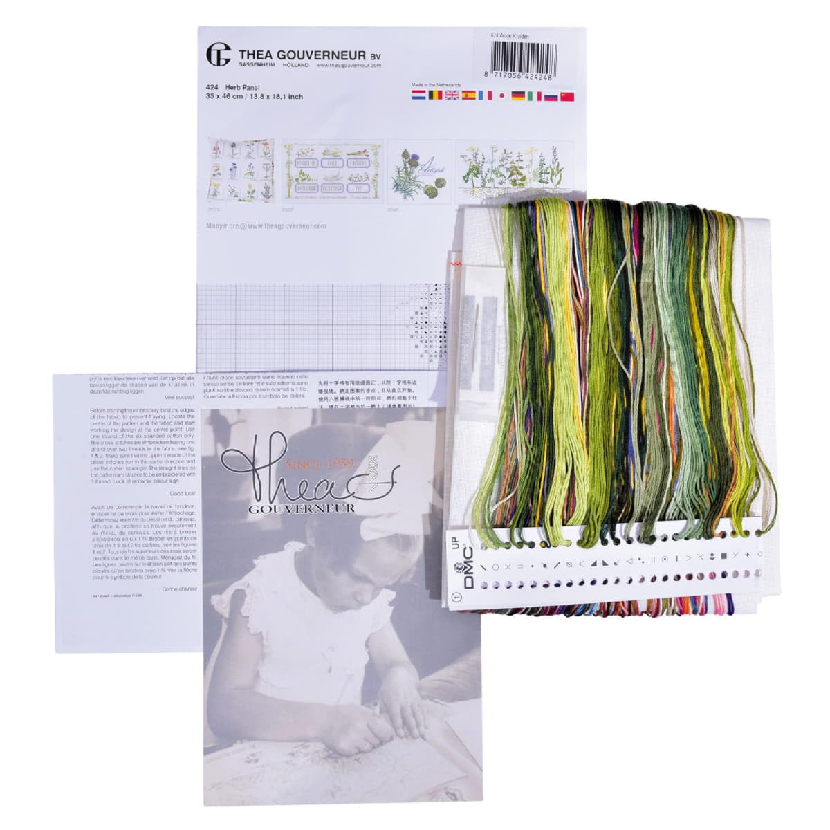 Thea Gouverneur Kit Point de Croix sur Lin Motif Herbes aromatiques Multicolore 35 x 45 cm