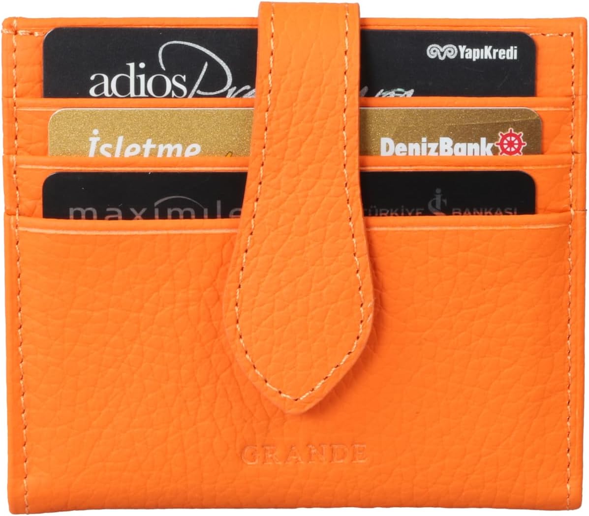 grande 3803 Genuine Leather Card Holder For Women and Men Slim Minimalist Card Case Small Snap Wallet (Orange) - Image 3