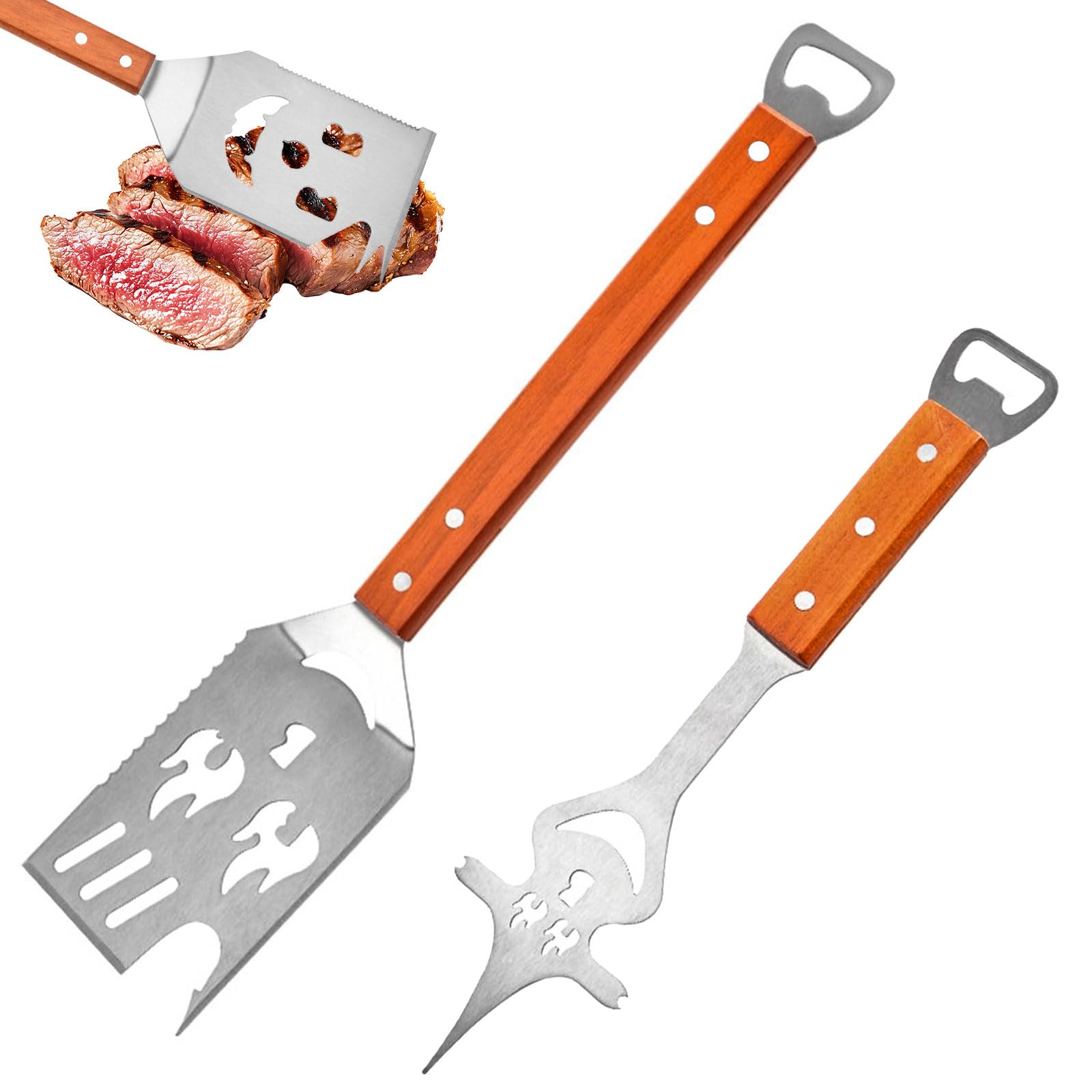 Set Ustensiles Barbecue 8 en 1, Spatule 42 cm et Fourchette 33 cm, Acier Inoxydable, Bois, Décapsuleur