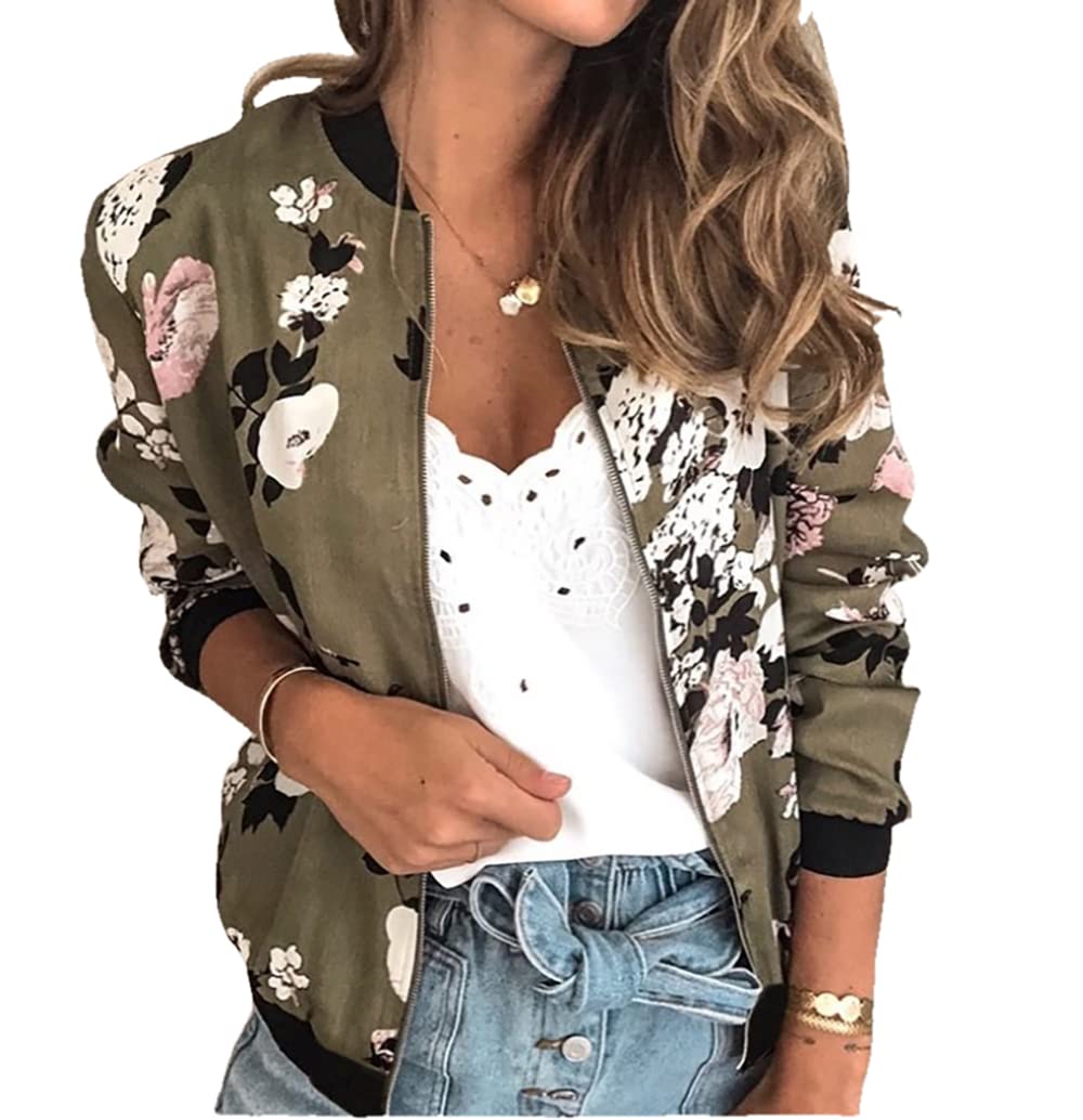 KCatsyWomen Pilot Bomber jacket Plus Size Flower Floral Leopard Dot Pattern Print Baseball Aviator Zipper Flight Outerwear