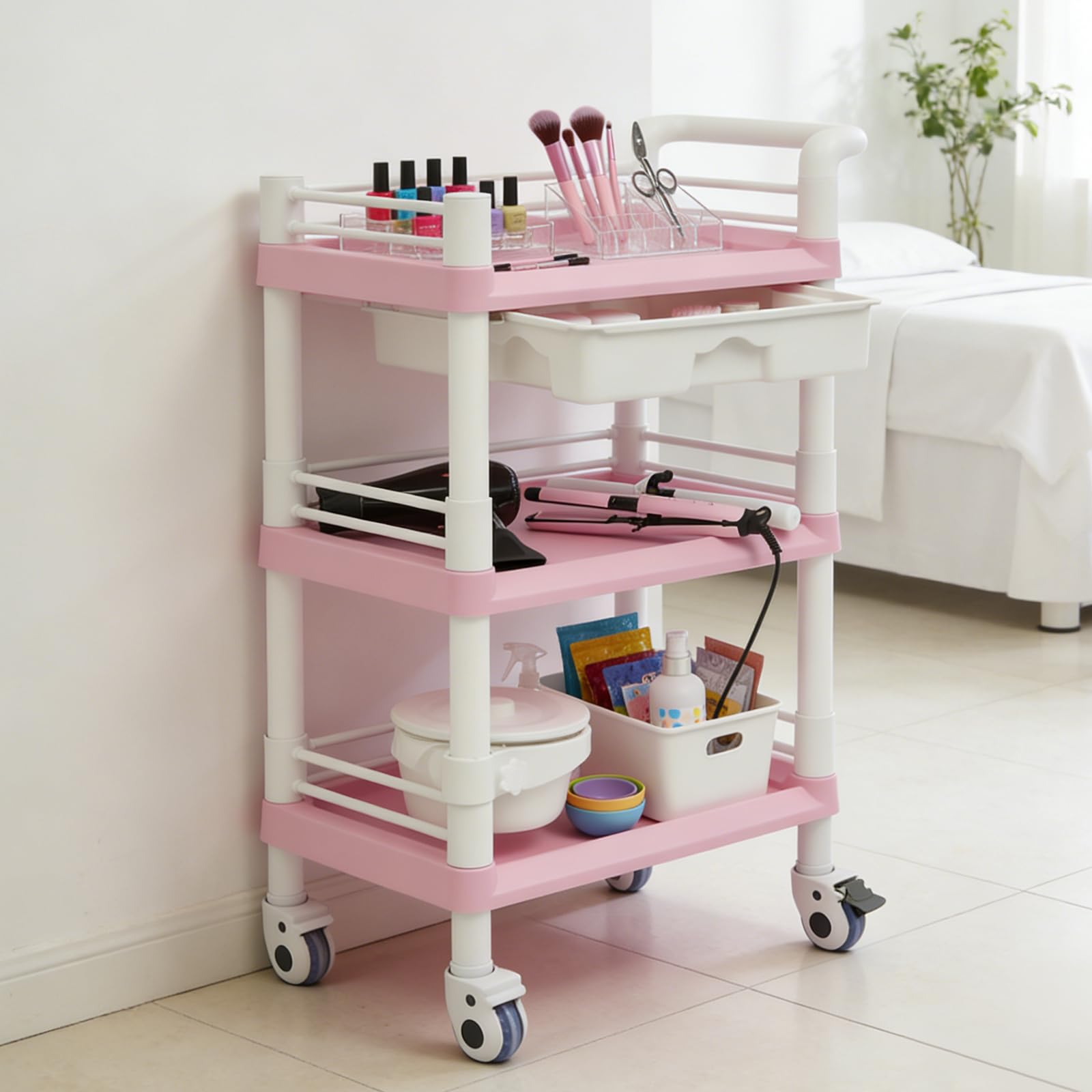 Carro multiusos de peluquería de 3 niveles, carrito de servicio, carrito de belleza, carrito de tatuaje, carrito de almacenamiento con cajón y contenedor de basura, 54 x 37 x 98 cm