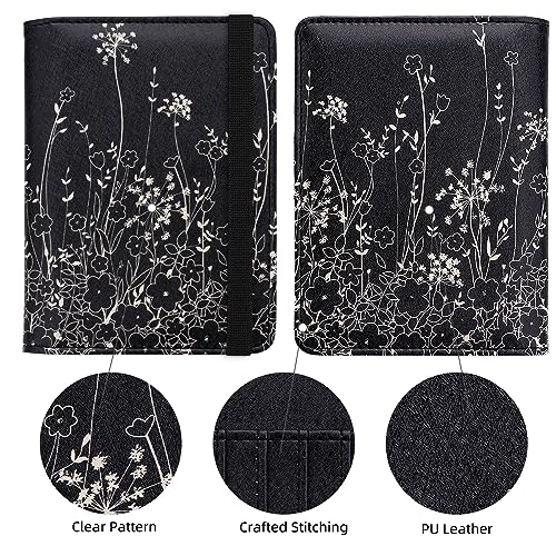 Image of WALNEW Passport Holder for Travel, RFID Passport Cover Wallet for Women Men, PU Leather Passport Book Card Holder Case with Pen (Elastic Band Closure, D-Black Flowers)
