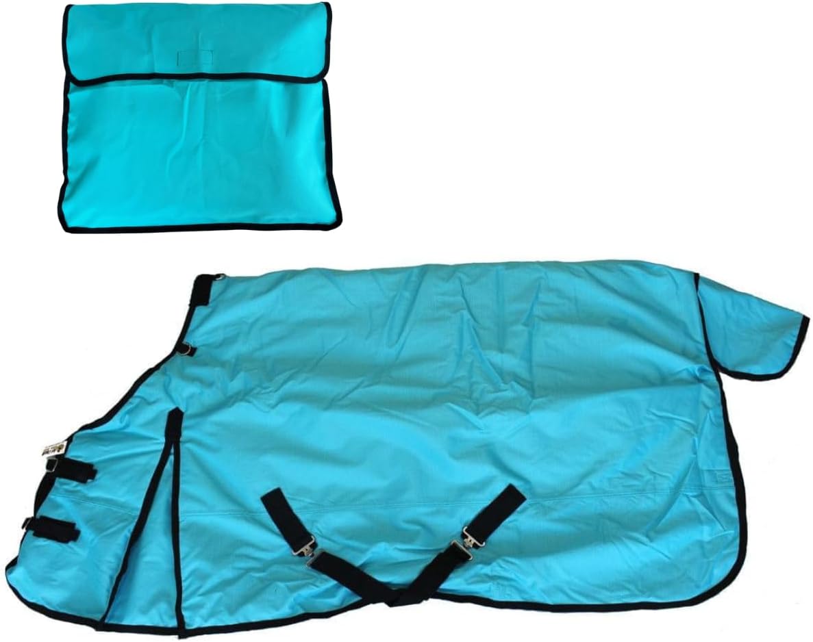 AJ Tack 1200D Waterproof Winter Horse Blanket with Storage Bag - 400g Heavyweight Turnout with Fleece Collar, Shoulder Gussets & Tail Flap - Turquoise 76"