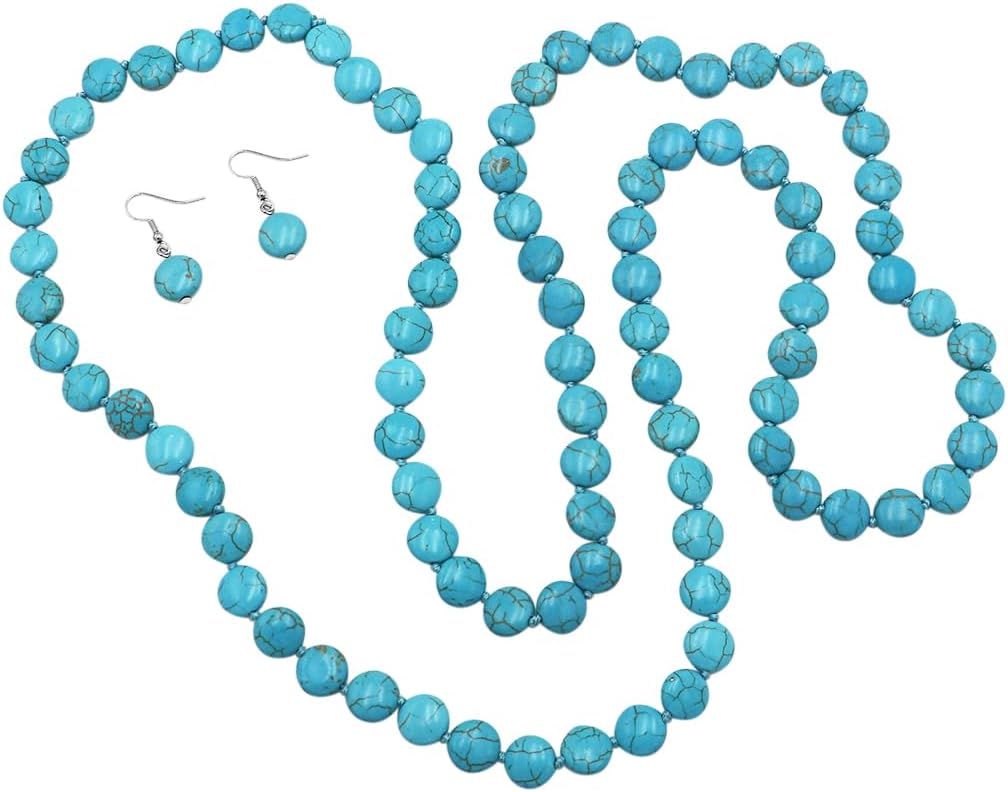 Rosemarie & Jubalee Women's Beautiful Western Inspired Turquoise Howlite Knotted 12mm Flat Bead Endless Necklace Strand And Dangle Earrings Set, 48"