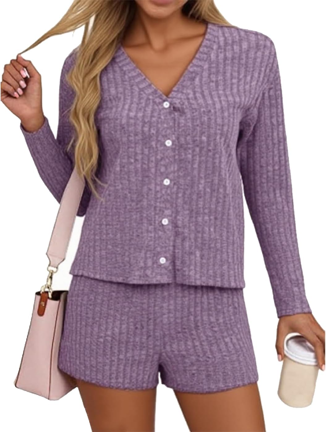 REVETRO Womens Sexy Pajama Sets Button Down Lounge Set 2 Piece Long Sleeve Knit Sweater Shorts Pajamas Spring Outfits - Image 6