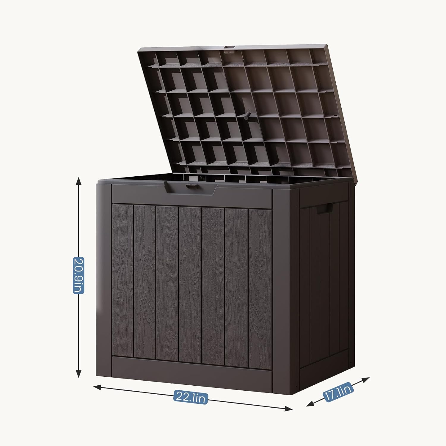 dumos 31 gallon deck box, lockable outside storage box for outdoor use, outside waterproof resin package delivery box for backyard patio garden, modern brown modern brown 31 gallon