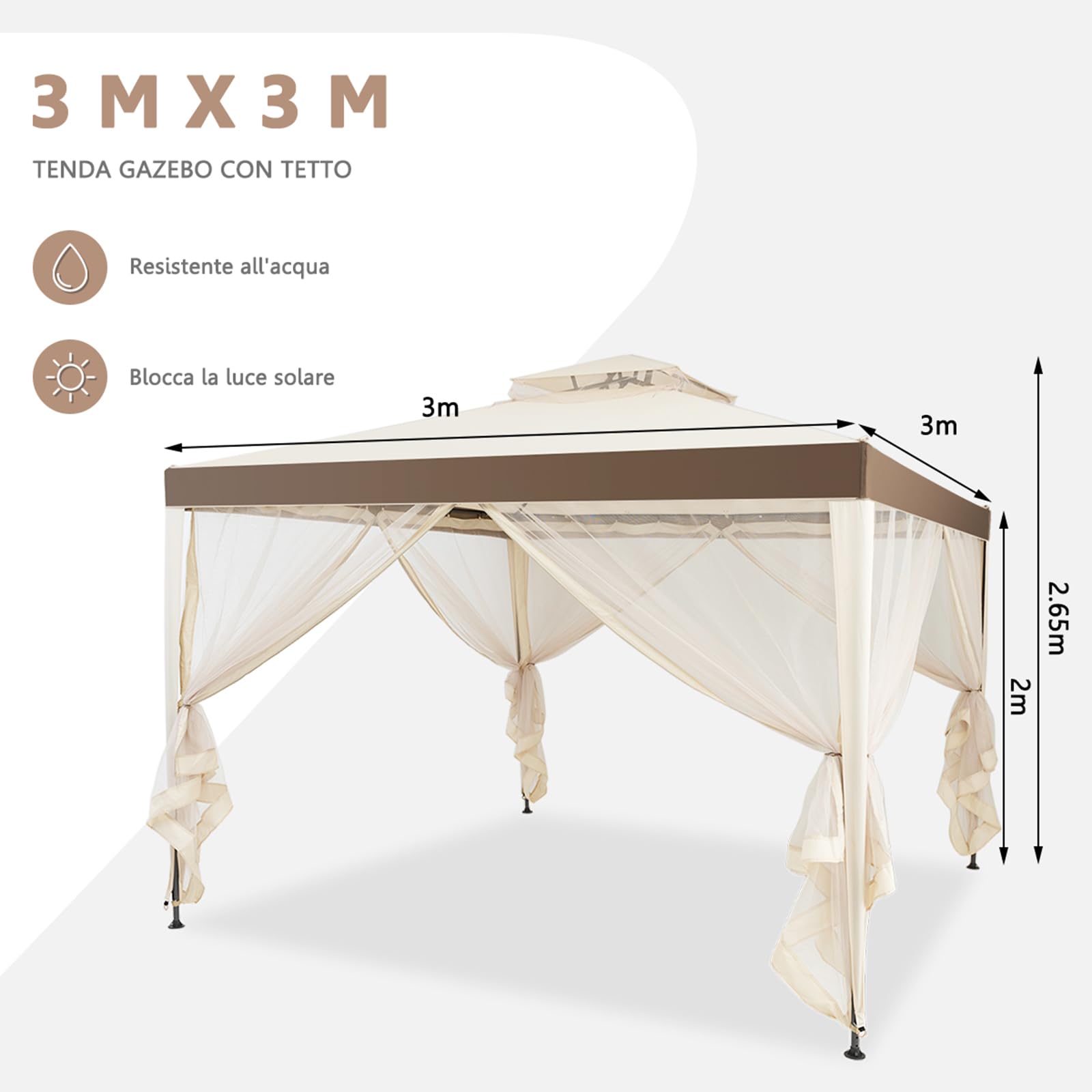 COSTWAY Gazebo da Giardino 3 x 3 m, Gazebo da Esterno con Zanzariera, Doppio Tettuccio e 4 Tendine Poliestere Laterali, Impermeabile, Struttura in Metallo, per Giardino, Patio e Cortile (Beige)