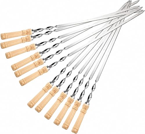 IMEEA 12 Pcs Kebab Skewers Large 21.6in/55cm Flat Barbecue Skewers Stainless Steel Turkish BBQ Skewer with Wooden Handle for Grilling
