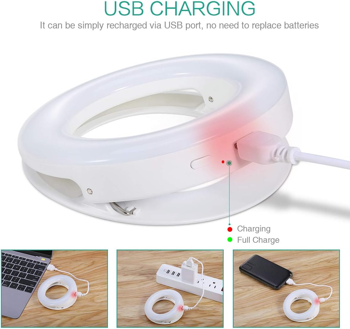 Clip on Ring Light, AMIR Rechargeable 40 LED Selfie Ring Light for Phone, Laptop, Tablet (3 Lighting Models, Adjustable Brightness), White