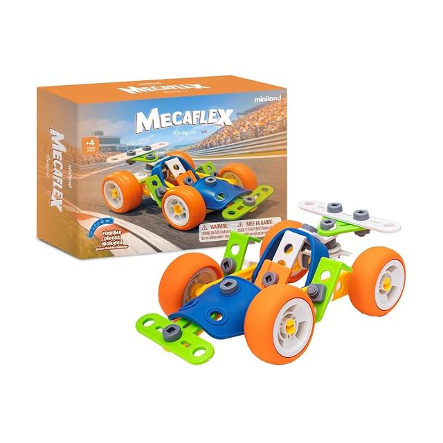 Miniland Mecaflex Coche Fórmula - Juego de Construcción con 58 Piezas Flexibles + 2 Herramientas, Coche…