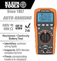 Vista 2 de Klein Tools ET270 Multímetro digital de rango automático, CA/CC, resistencia, continuidad, probador de receptáculo GFCI con cables de prueba y cable