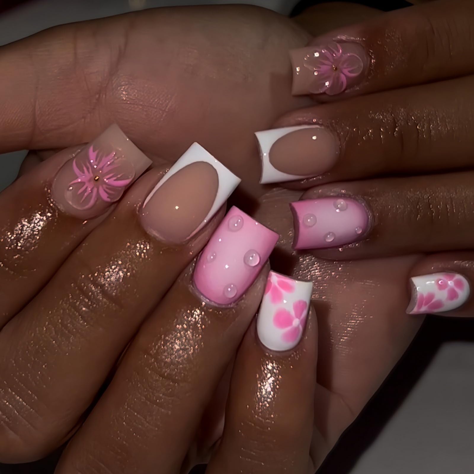 Handmade Press on Nails Medium Square MABKJLF 3D White French Tip Fake Nails Pink Flower False Nails with Floral Designs Handmade Nails Glossy Glue on