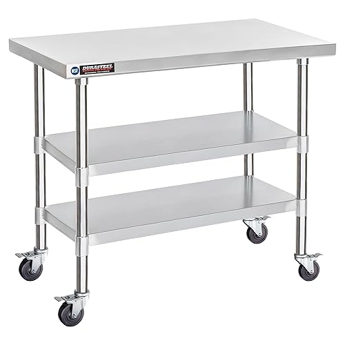 DuraSteel - Mesa de acero inoxidable de 30 x 48 pulgadas, para preparación de alimentos, carrito de metal, mesa de trabajo comercial con ruedas