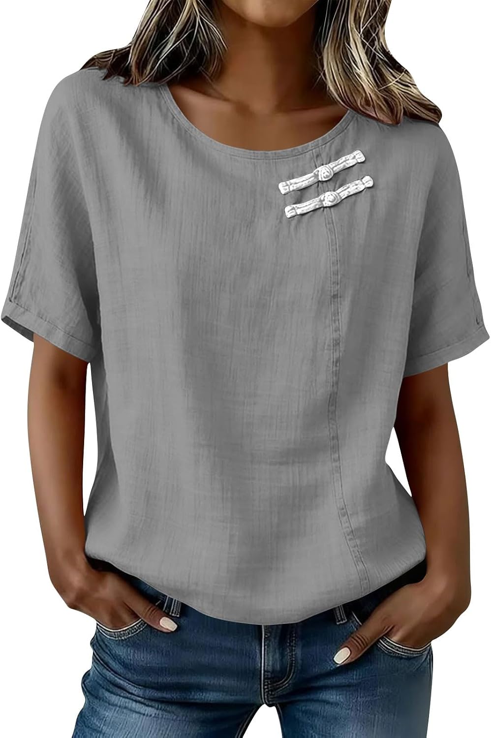 Womens Short Sleeve Cotton Linen Shirts Loose Fit Trendy Summer Casual Round Neck Top Dressy Spring Blouses Clothes