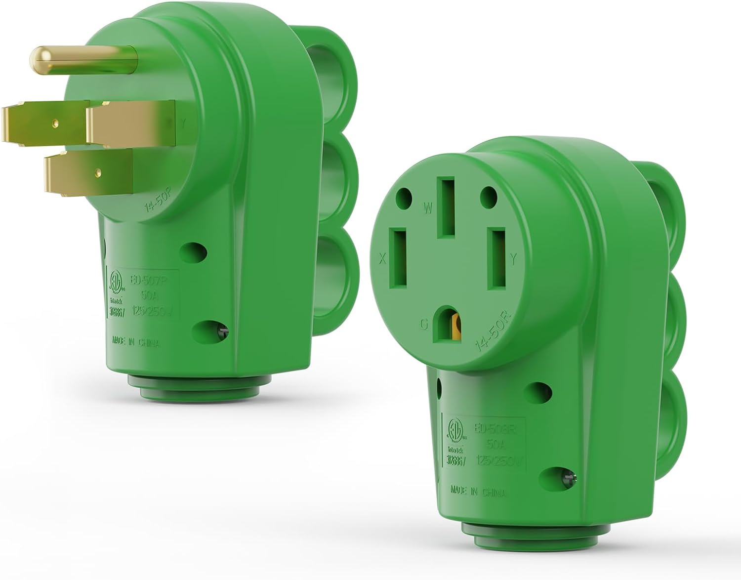 RVGUARD 50 Amp RV Male and Female Plug Kit, NEMA 14-50P & 14-50R RV Replacement Plug, 125/250V 50 Amp with Disconnect Handle, Green