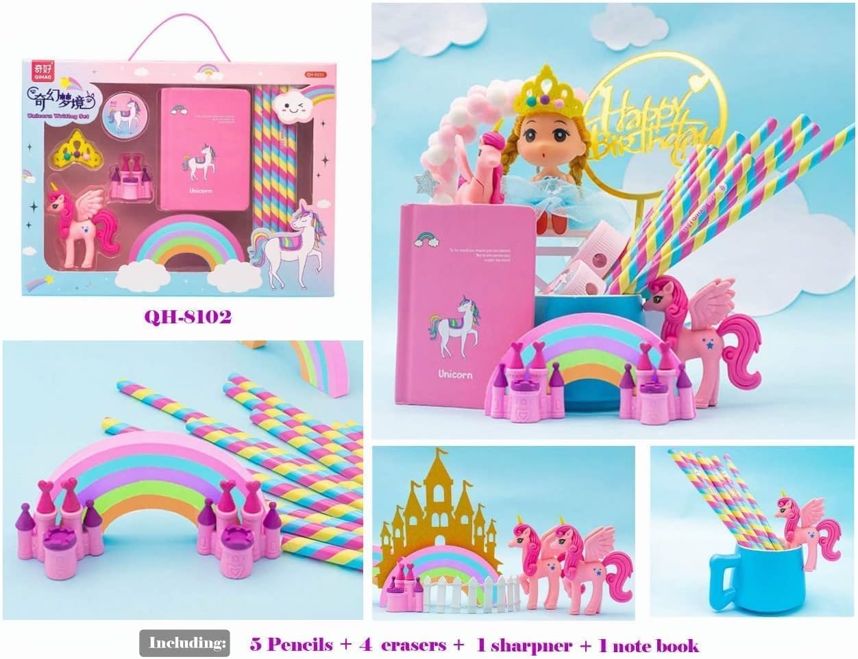 Unicorn Stationery Set for Girls Boys - Kawaii Stationery for Girls, Stationery Box with Pencil, Eraser, Sharpener, Diary Stationery Kit for Kids, Birthday Return Gift (Multicolor)