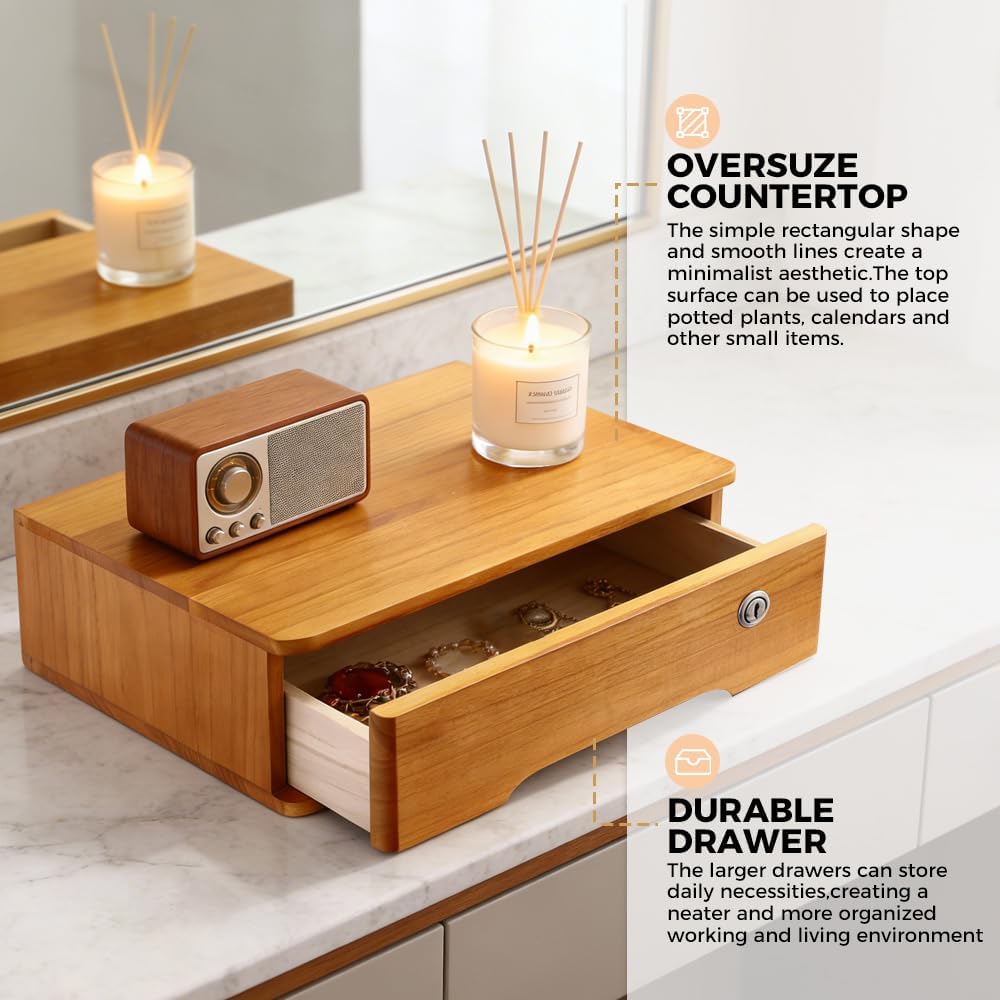 Desktop Storage Box,Desk Organizer Drawer,Desktop Organizer,Office Supplies Drawers Organization with Lockable Drawer for Office,School Supplies,1Tiers Wooden Yellow