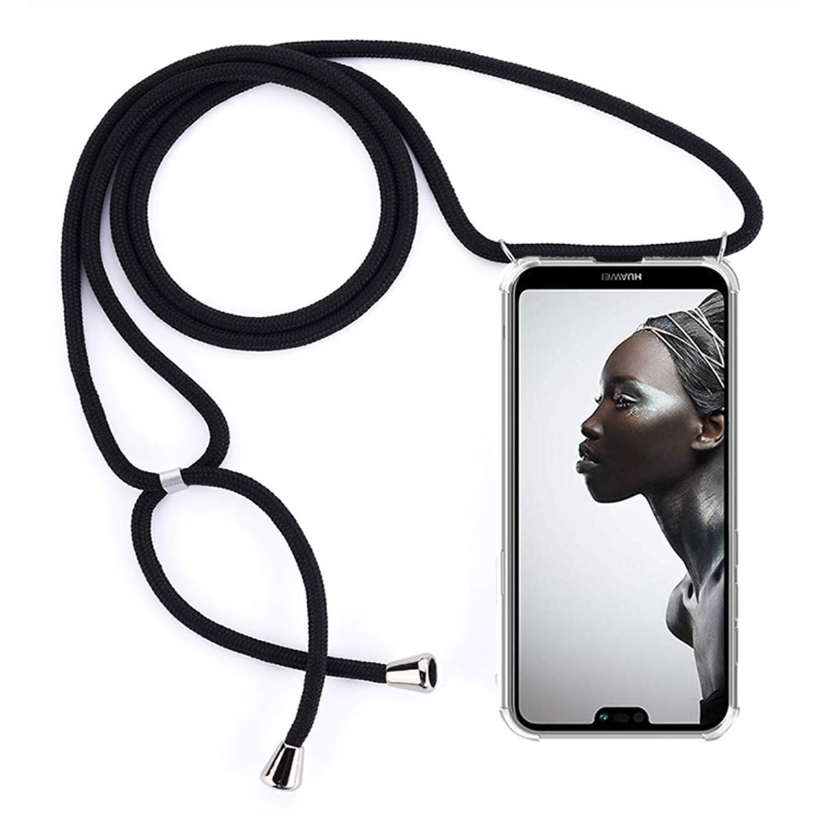 FMPCUON Phone Lanyard Case Compatible with Huawei P20 Lite, Transparent Protective Ultra-Slim Crystal TPU Cover Smartphone Necklace [Free Tempered Glass] Neck Cord Strap Crossbody Bumper