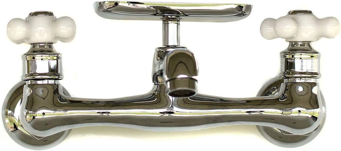 WatermarkFixtures Chrome Wall Mount Cross Handle Kitchen/Utility Bridge  Faucet 8â€ on Center Soap Dish Short Swivel Spout Reach 5-5/8