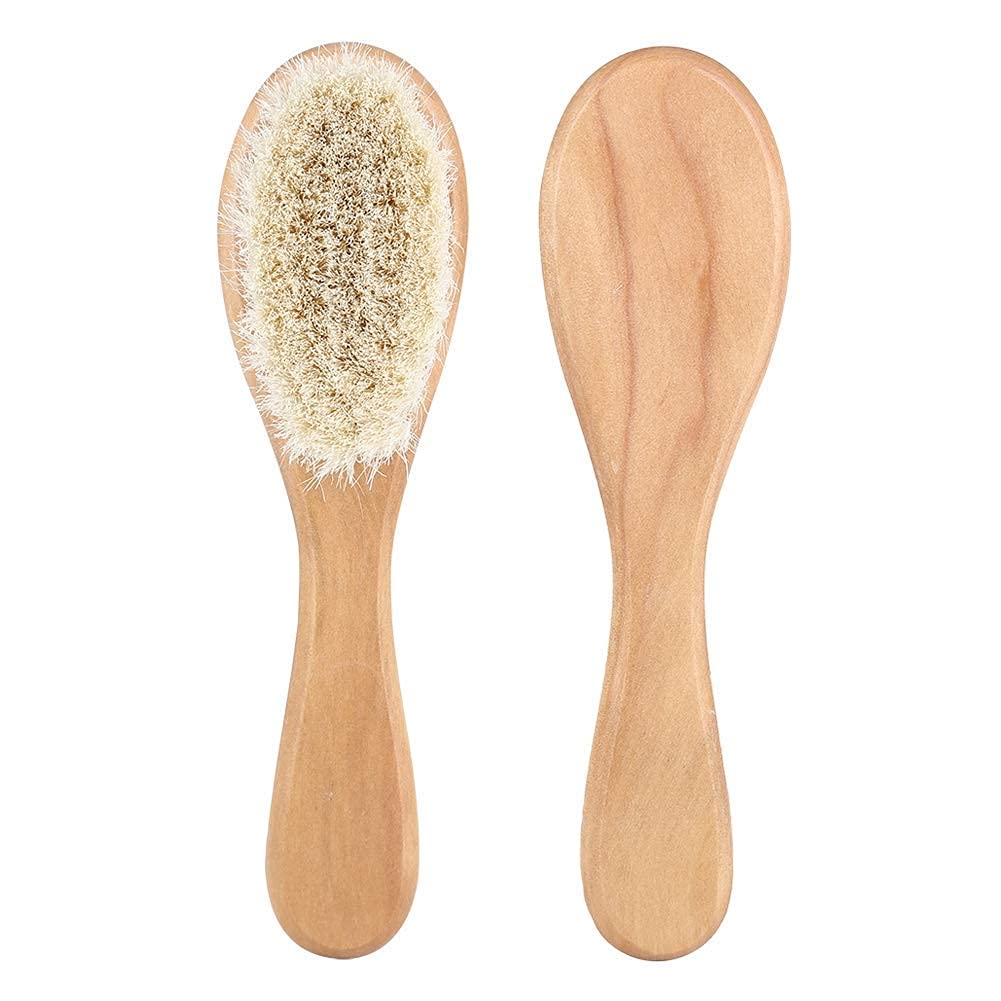 Peigne naturel en cheveux de chèvre, doux soin massage tête bébé avec manche bois pour brossage nourrisson