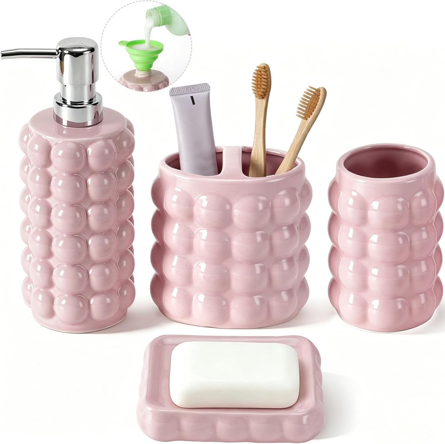 4 Piece Ceramic Bathroom Accessories Set –Soap Dispenser,Toothbrush Holder,Tumbler & Soap Dish,Includes Silicone Funnel,Non-Slip,Modern Farmhouse Countertop Organizer Set for Bathroom Decor, Navy Blue