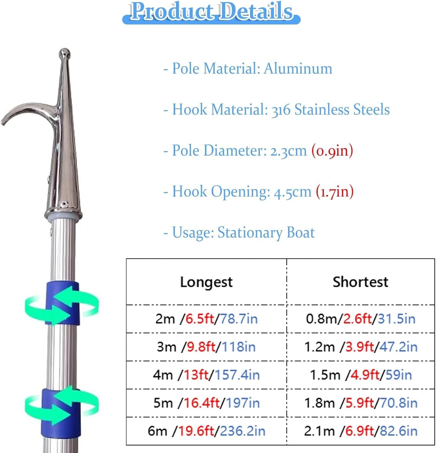 Telescoping Boat Hook Docking Pole, Lightweight Aluminum Push Pole for Boat, Stainless Steel Hook for Floating Items Retrieval & Marine Use