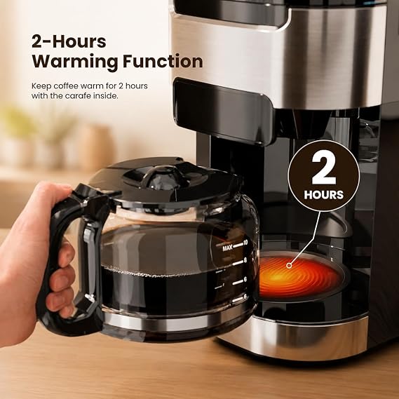 Kismile 10-Cup Digital Drip Coffee Maker with Built-In Grinder, Programmable, 24H Timer, Keep-Warm Function, Customizable Strength & Grind Size, Coffee Machines with Smart LED Touchscreen