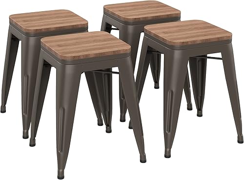 Andeworld Juego de 4 taburetes de 18 pulgadas, sillas de comedor de metal industrial con asiento de madera, taburetes cortos de cocina apilables 18
