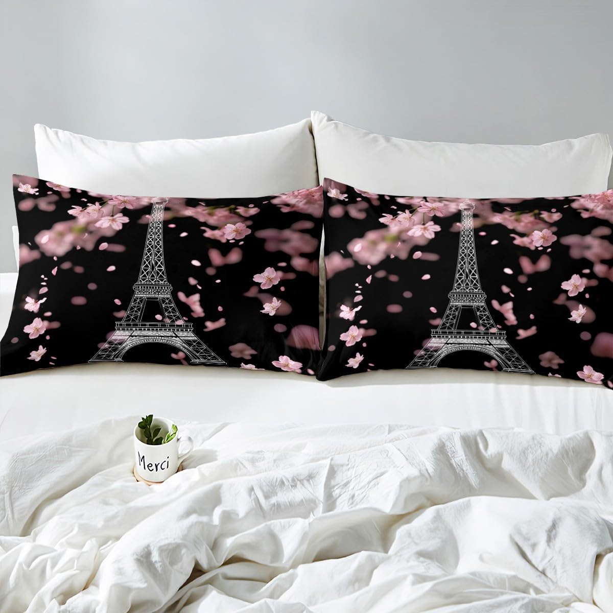 jejeloiu Eiffel Tower Bedding Set Toddler Size Paris Comforter Cover Set for Boys Girls Teens Sakura Duvet Cover Valentines Bedspread Cover Room Decor Black Quilt Cover,No Comforter