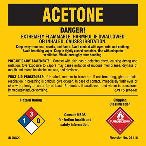 Brady 26116LS Chemical, Biohazard and Hazardous Material Labels, Self-Sticking Polyester, Paper, 5" x 5", Black/Blue/Red/White On Yellow (Pack of 25)