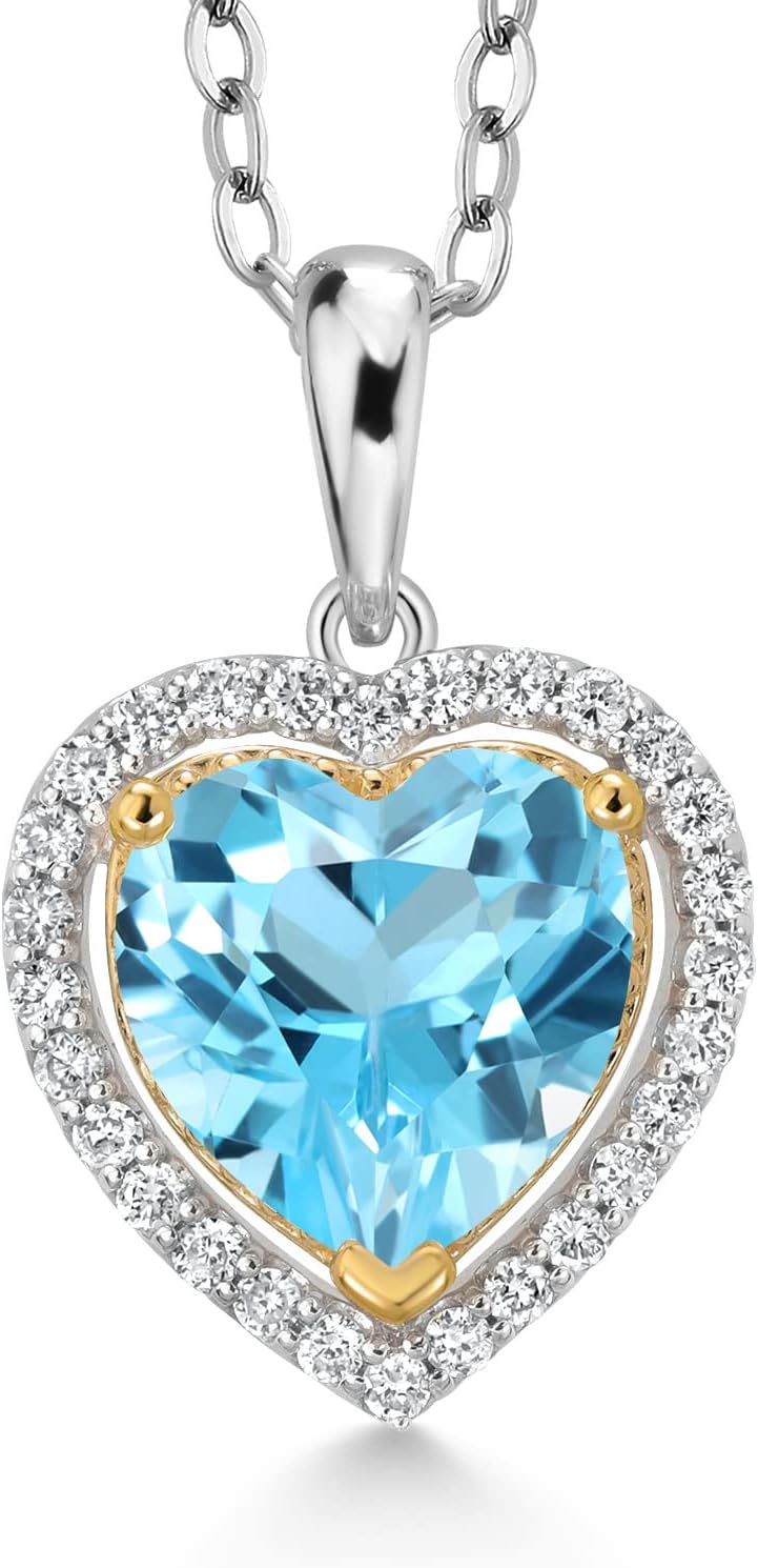 Gem Stone King 8MM Heart Shape Gemstone Birthstone and White Lab Grown Diamond Pendant Necklace For Women | 925 Sterling Silver and 10K Yellow Gold | With 18 Inch Chain