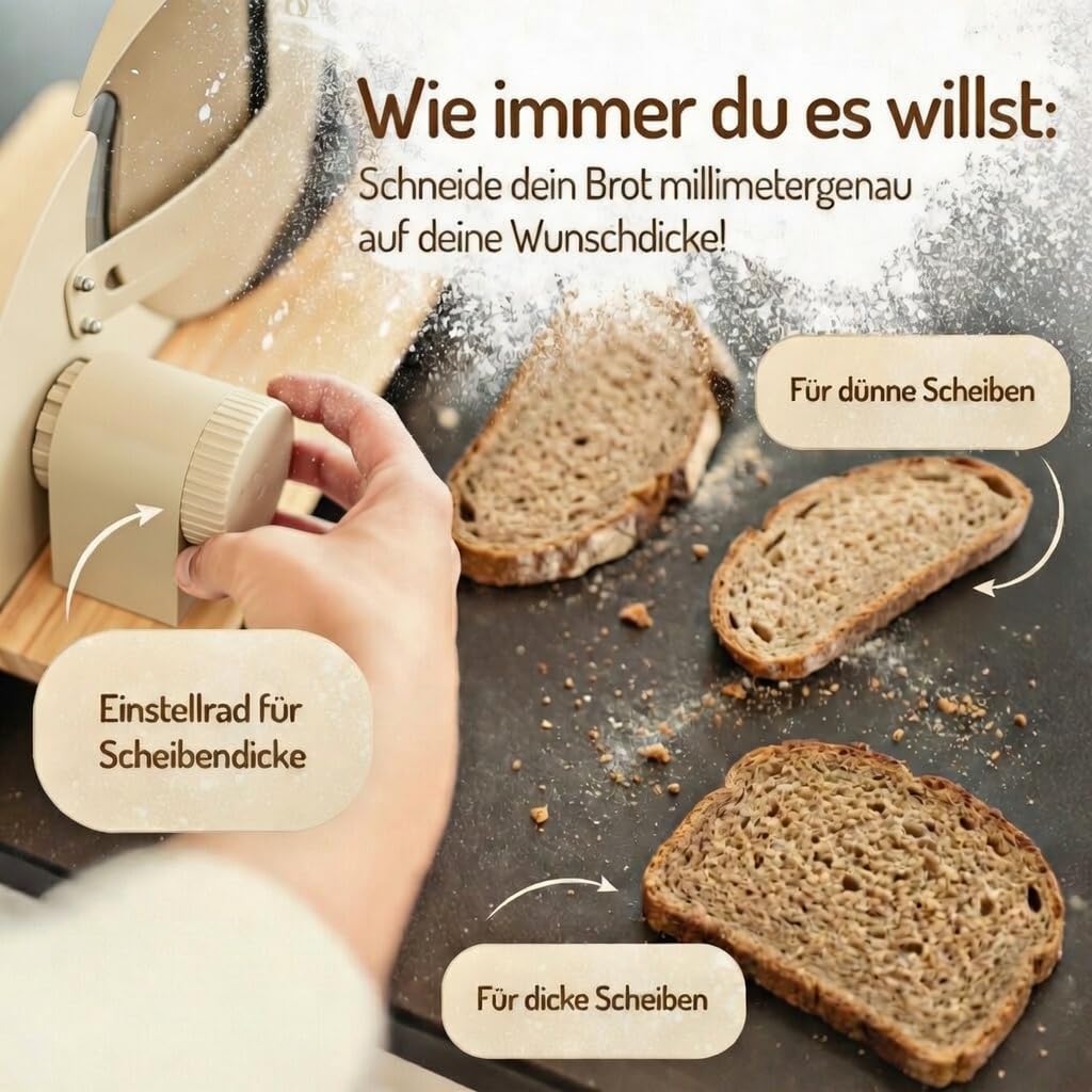 Brotschneidemaschine manuell – Hochwertiger Edelstahl Allesschneider mit Kurbel & Holzbrett | Präziser Schnitt, Retro-Design, rutschfeste Saugfüße für Brotliebhaber | Beige