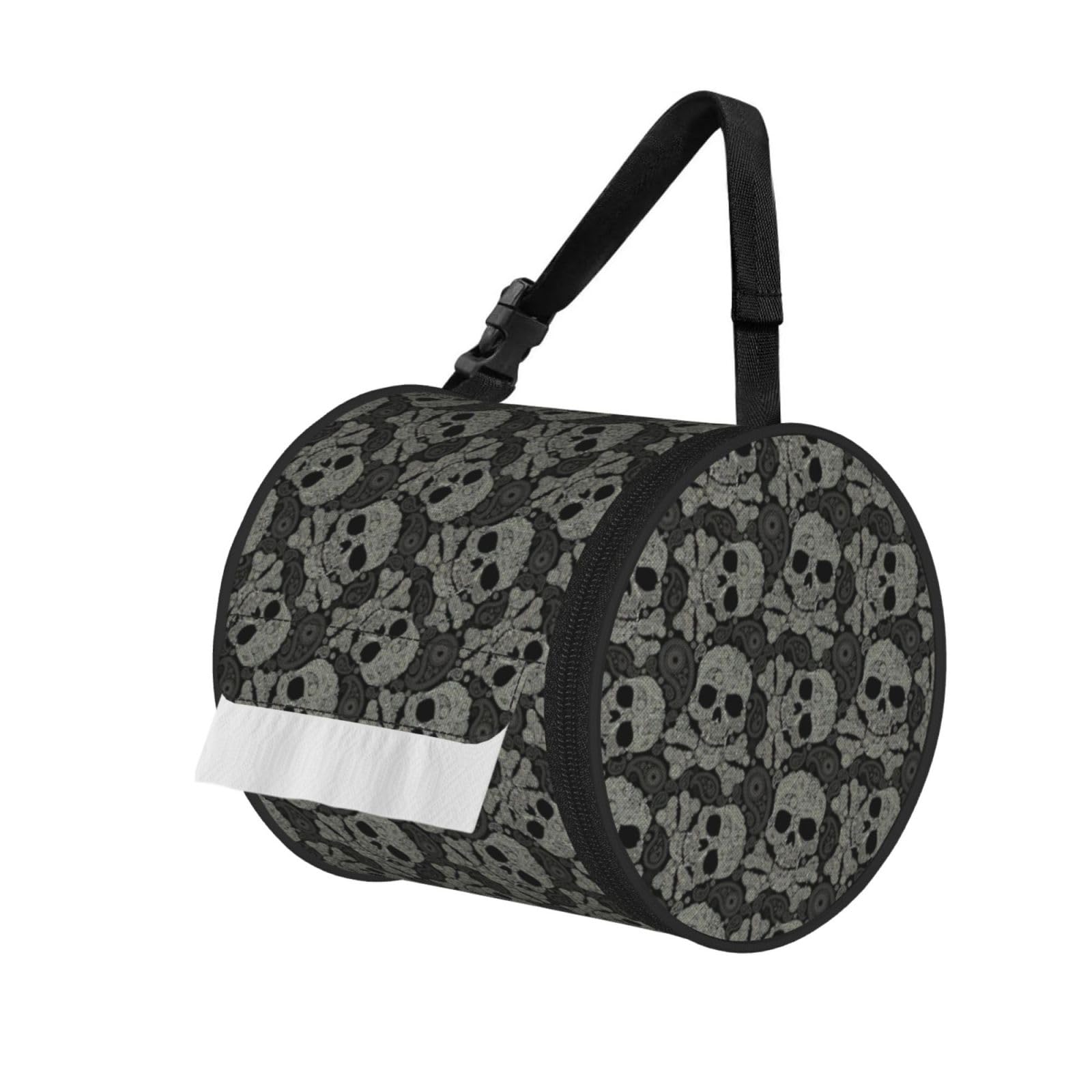 Skull Printed Roll Paper Carrier Bag, Foldable Oxford Cloth Tissue Case for Camping Hiking Backpack