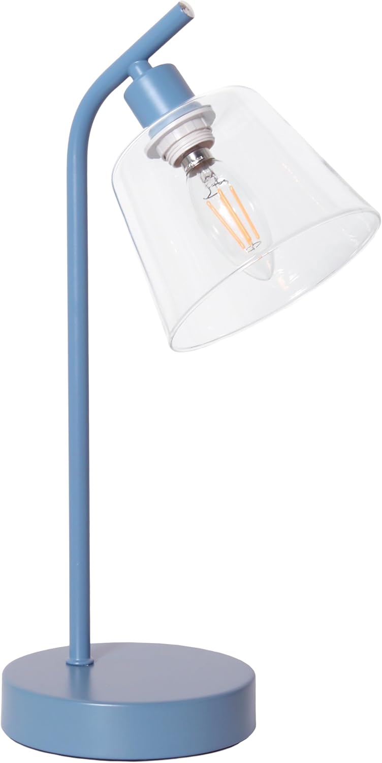 Simple Designs LD1080-BLU 16" Sleek Essentials Modern Industrial Metal Desk Lamp with Clear Glass Shade, for Office, Desk, Nightstand, Dorm, Blue