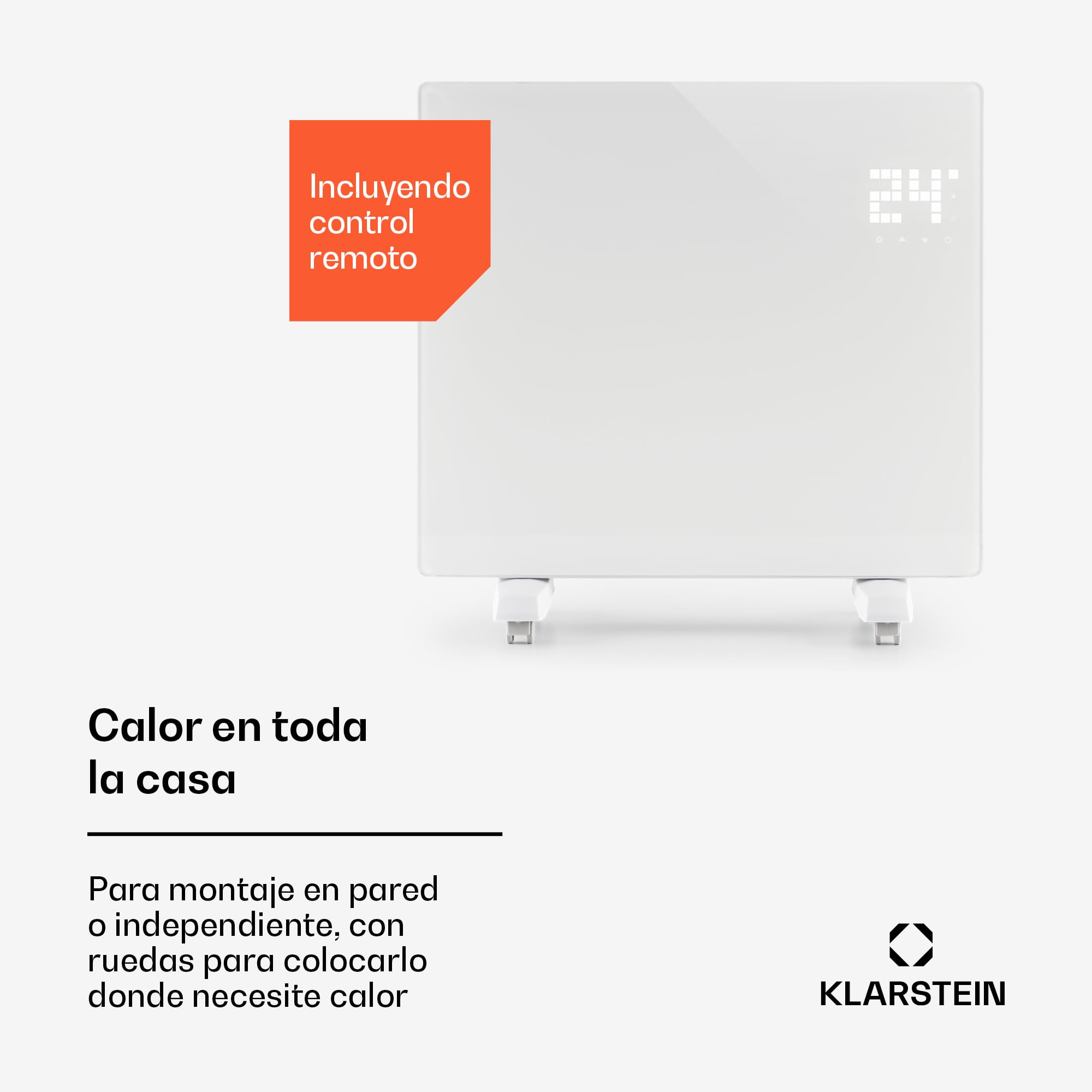Klarstein Radiadores Bajo Consumo Electricos para Casa, Estufa Electrica de 2000W con Ruedas, Radiador Electrico Silencioso, Portátil y Delgado, Estufas con Panel para Pared, Pantalla y Termostato