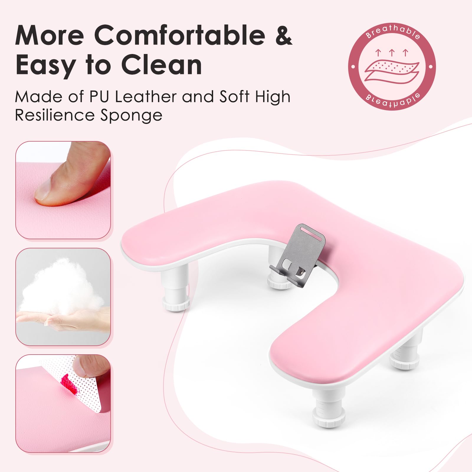 Reposabrazos para uñas para la mano: cojín de mano ajustable con altura y soporte para teléfono giratorio de 360° – Reposabrazos para uñas de cuero PU rosa para uso en salón de uñas y en casa