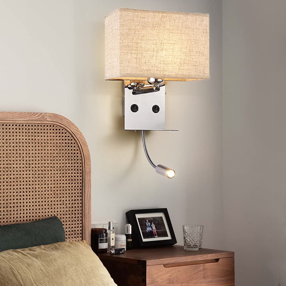 LANMOU Wandlampe Schlafzimmer mit Schalter, E27 Wandleuchte Innen mit Leselampe & Ablage, USB-Anschluss, Beige Stoffschirm, Warmweiß LED Leselampe Wand Nachtlampe für Schlafzimmer Wohnzimmer Hotel