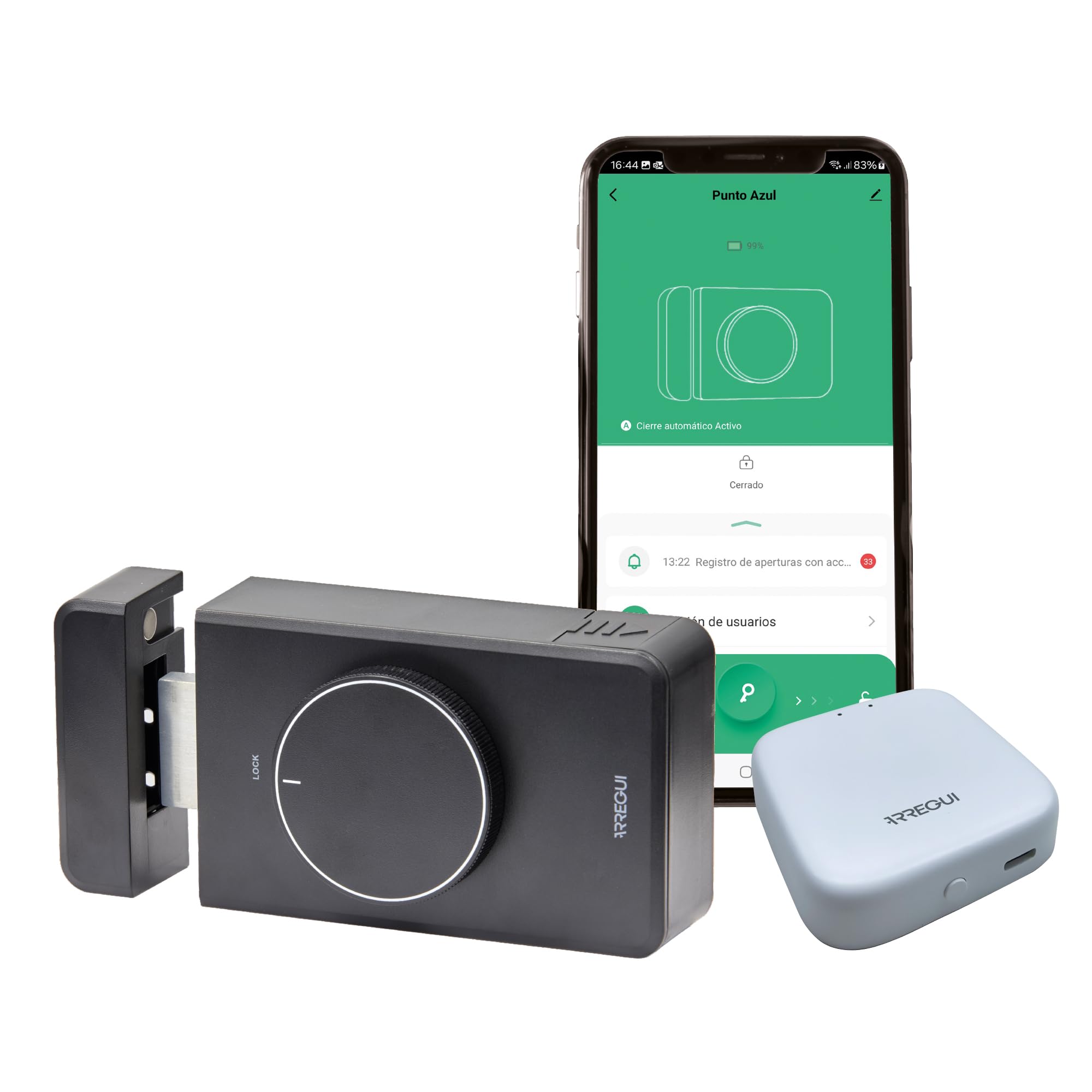 Arregui SPIN UP + BRIDGE Cerradura de seguridad Invisible para Puerta | Apertura Electrónica con App Móvil | Alarma 120 dB | Antirrobo | Control Remoto Compatible Google y Alexa | Instalación sin Cabl