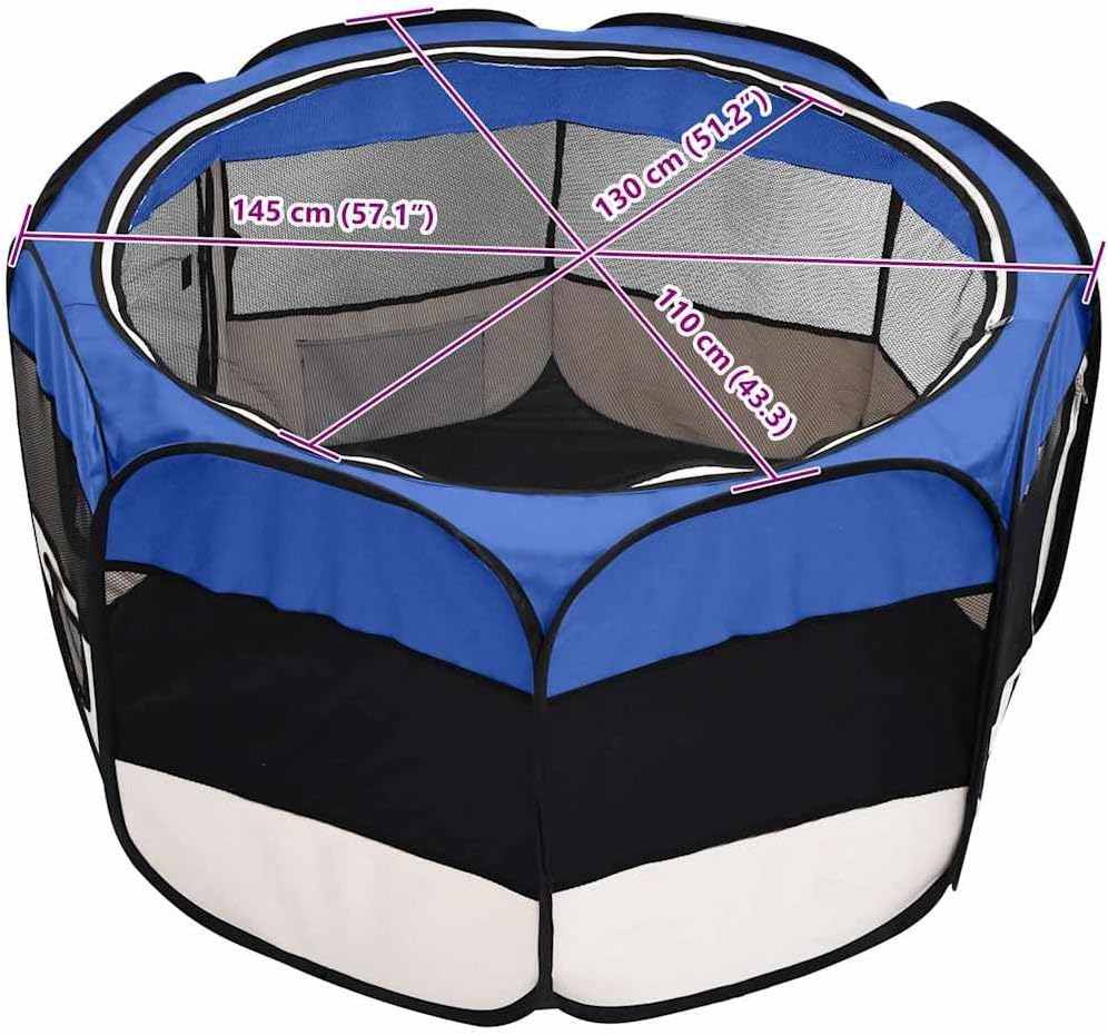 vidaXL Foldable Dog Playpen - Portable Training and Play Area with Carrying Bag - Ideal for Home and Travel - Blue Polyester with Steel Frame - 57.1"x57.1"x24" Size