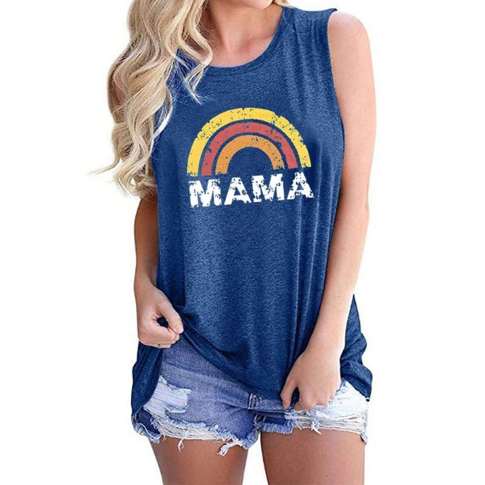 Womens Mama Tank Top Casual Loose Round Neck Graphic Rainbow Print Sleeveless T-Shirt