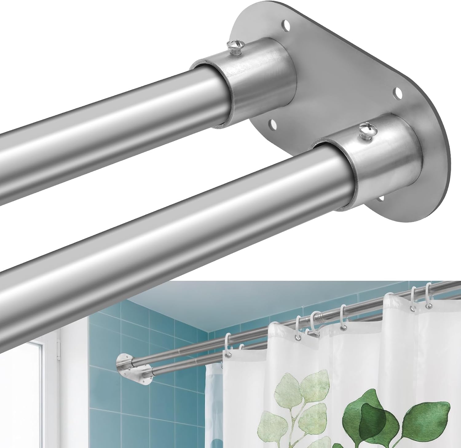 Double Shower Curtain Rod 28 to 75 Inches Elegant Double Shower Rod Adjustable Wall Mounted Double Shower Curtain Pole for Bathroom (Silver, 28 to 75")