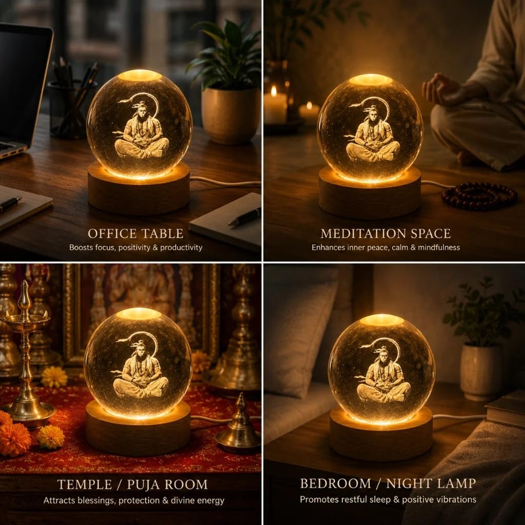 Meditating Hanuman Crystal Ball Lamp - USB LED -9
