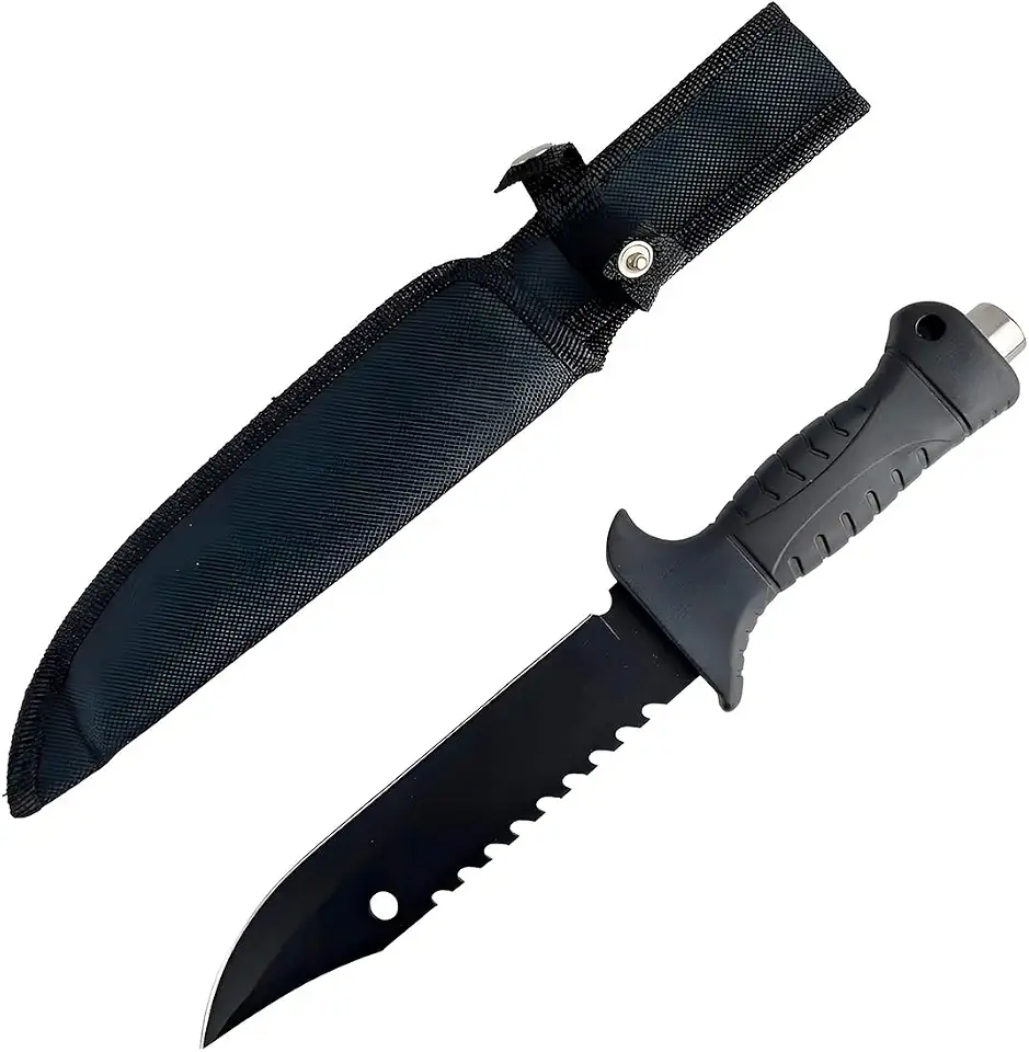 Faca Tática de Sobrevivência, Aço Inox, 31cm, Lâmina 18cm, Cabo 13cm, com Bússola e Bainha, Preta para Camping e Emergência